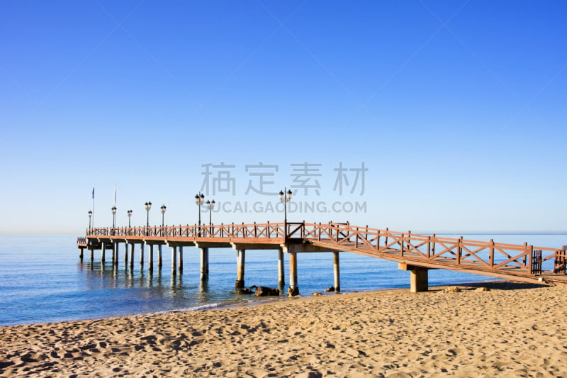 海滩,马贝拉,码头,海洋,水,水平画幅,沙子,无人,马拉加省,夏天