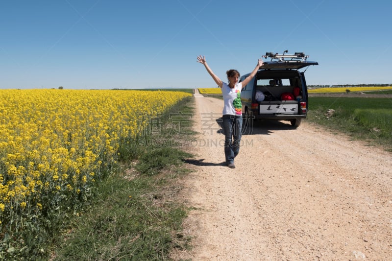 Chica viajando en furgoneta pasando por un campo de plantación flores amarillas (Colza) en primavera bajo el sol. Castilla y León, España. Girl traveling in a van going through a field of yellow flowers (rape), spring under the sun. Castile - Leon, Spain.