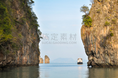 攀牙湾,旅行者,岩石,岛,船,帆,喀斯特,峭壁,水,天空