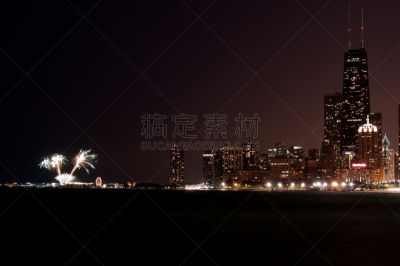 芝加哥市,城市天际线,焰火,约翰·汉考克,湖岸大道,威利斯大厦,密歇根湖,摩天轮,五大湖