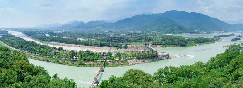 都江堰 ,灌溉设备,四川省,远古的,全景,中国,都江堰市,平衡折角灯,防洪堤,水坝