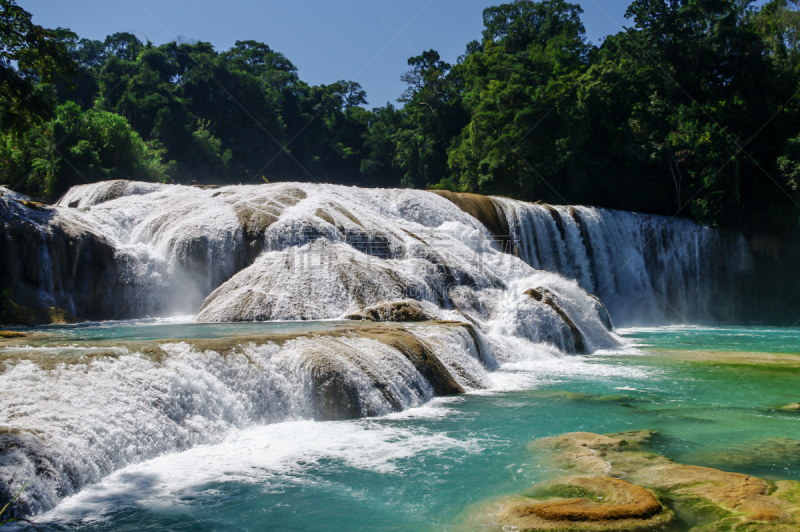 瀑布,恰帕斯州,agua azul cascades,墨西哥,自然,水平画幅,枝繁叶茂,无人,蓝色,巨大的