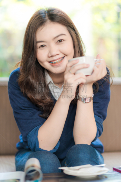 学生,咖啡,快乐,女性,亚洲,可爱的,杯,女人,餐馆,金色头发