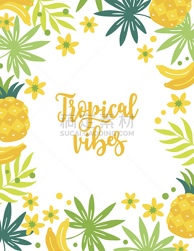 菠萝,贺卡,夏天,热带的花,棕榈叶,热带植物图案,夏季系列,波西米亚风,夏威夷,垂直画幅