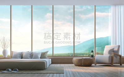 卧室,极简构图,山景城,三维图形,图像,凸窗,透过窗户往外看,度假胜地,华贵,酒店