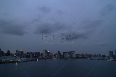 风景,东京,填海造地,东京湾,拥挤的,天空,水平画幅,夜晚,无人,户外