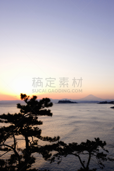 相模湾,在上面,江之岛,镰仓市,富士山,垂直画幅,黄昏,图像,海洋,太平洋