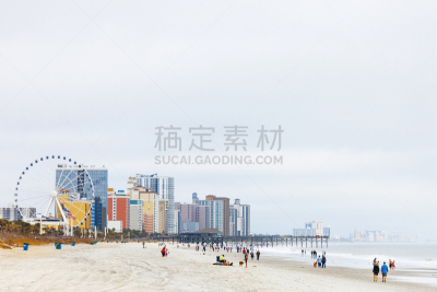 南卡罗来那,米特海滩,度假胜地,水平画幅,沙子,大西洋,忙碌,旅行者,滨水