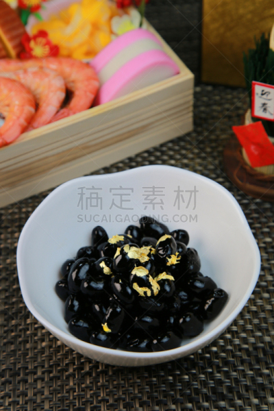 黑大豆,垂直画幅,准备食物,黑豆,日本料理,成分,新年,金叶,豆科植物,大豆