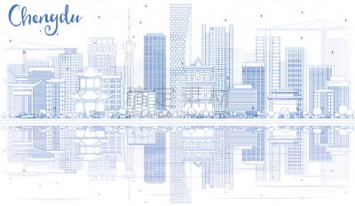 成都,城市天际线,轮廓,建筑外部,蓝色,四川省,轮廓线画,商务,城市生活,云