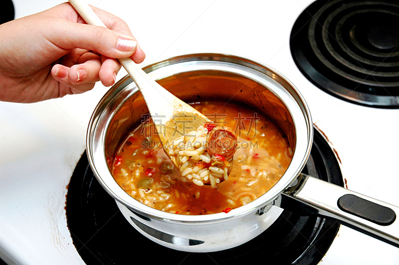 炊具,汤,热,香肠,膳食,米,锅,室内,汤匙,图像