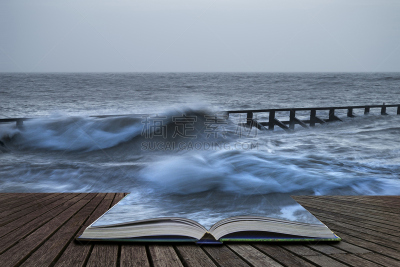 暴风雨,水平画幅,书页,海滩,黎明,书,黑云压城,波浪,自然美,破坏
