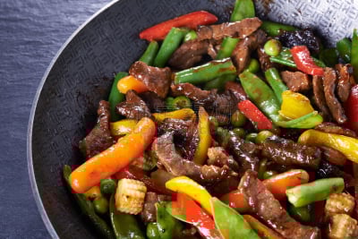 牛肉,蔬菜,炒菜锅,餐具,胡萝卜,水平画幅,无人,胡椒,膳食,锅
