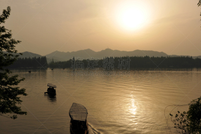 西湖,雾,水,天空,宁静,水平画幅,无人,西,浙江省,日落