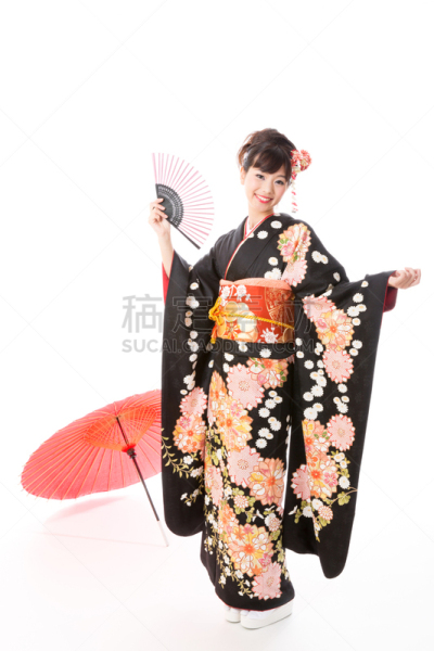 长袖和服,注视镜头,白色背景,衣服,女人,折扇,和服腰带,可折叠的,垂直画幅,传统