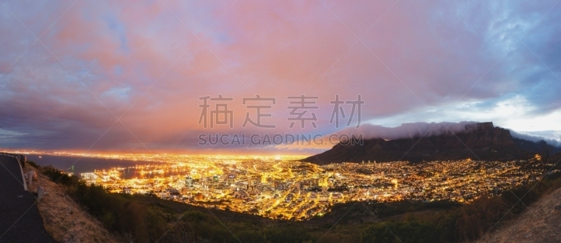 开普敦,南非桌山,全景,水,天空,水平画幅,夜晚,大西洋,旅行者,户外