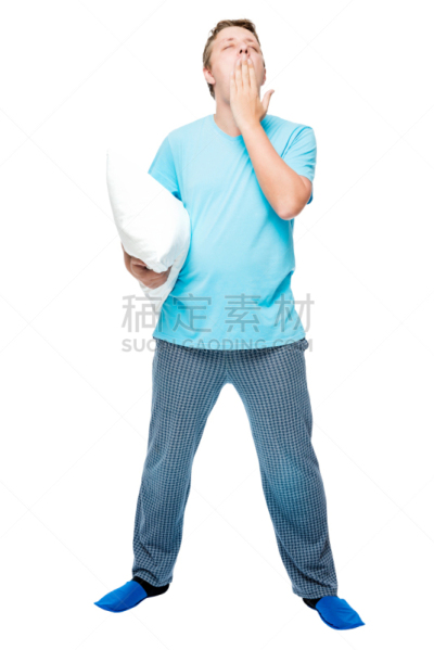 二件式睡衣,疲劳的,全身像,男人,枕头,白色背景,走钢丝,失眠症,就寝时间,睡衣