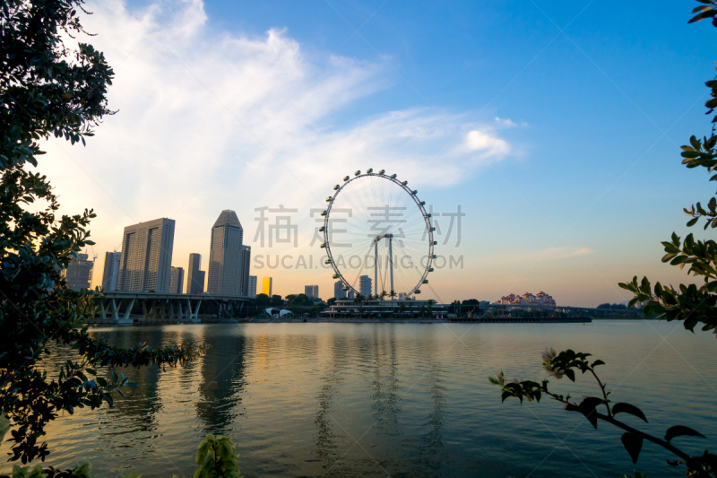 新加坡摩天观景轮,旅游目的地,水平画幅,新加坡,建筑,无人,全景,城市天际线,特写,滨海湾