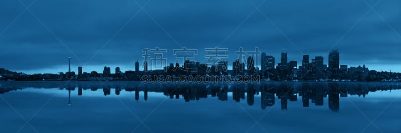 西雅图,城市天际线,西雅图太空针塔,美国,水平画幅,建筑,无人,全景,户外,海洋