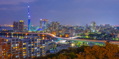 全景,城市天际线,日本,都市风景,室内过夜,九州,水平画幅,夜晚,无人,曙暮光