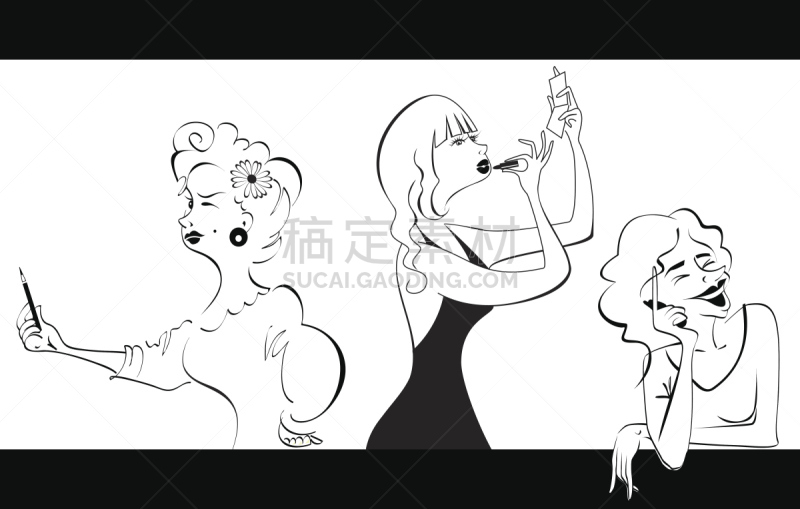 美惠三女神,线条,粉饼,女性特质,女人,面部表情,铅笔画,想法,忙碌,线条画