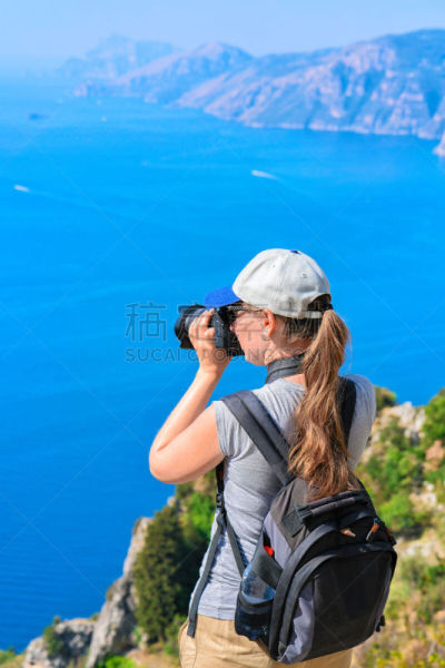 伊特鲁里亚海,小路,神,女人,垂直画幅,度假胜地,阿玛菲海岸,旅行者,夏天,那不勒斯海湾