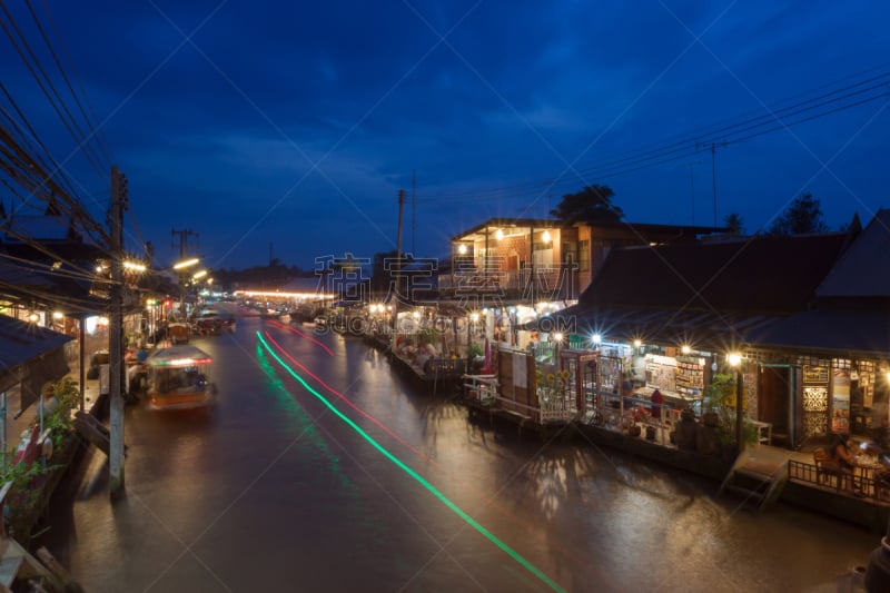 泰国,室内过夜,水上市场,夜功,当能沙朵水上市场,夜市,水,水平画幅,夜晚,传统