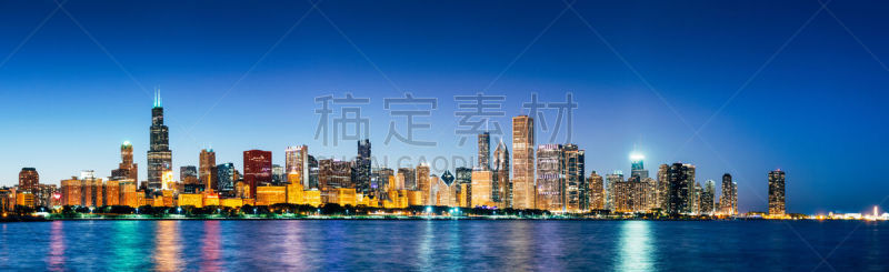 芝加哥市,城市天际线,密歇根湖,全景,黄昏,湖尖塔,汉考克大厦 ,aon center,拼接的图像