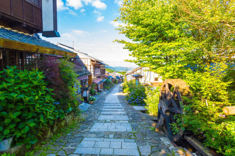 天空,早晨,小路,蓝色,木曾溪谷,中山路,岐阜县,长野县,水平画幅