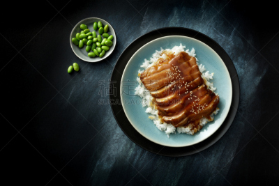 东方食品,鸡肉,静物,照烧鸡,照烧酱,照烧,大豆,白米,黑色背景,芝麻