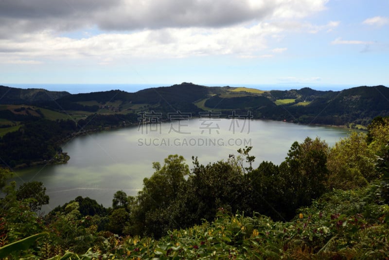 火山湖,亚速尔群岛,山谷市,植物,水平画幅,地形,弗纳斯山谷,无人,大西洋群岛,户外