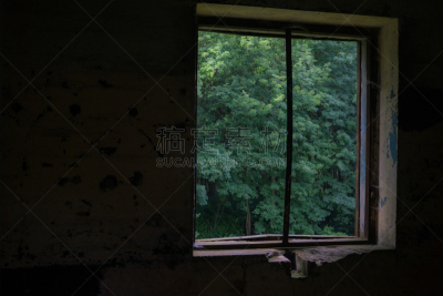 窗户,被抛弃的,建筑业,平衡折角灯,房屋,里面,遮住脸,水平画幅,无人,砖墙
