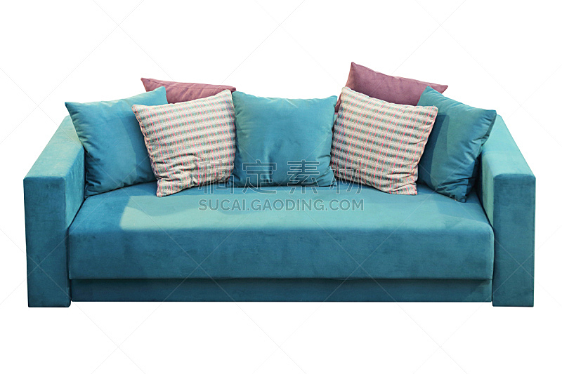 沙发,枕头,水平画幅,无人,蓝色,天鹅绒,背景分离,家具,现代,剪贴路径