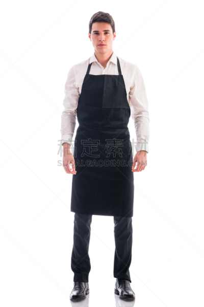 男招待,青年人,全身像,分离着色,注视镜头,推铅球,围裙,制服,黑色,垂直画幅