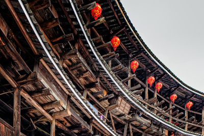 房屋,客家族,传统,圆形,灯笼,水平画幅,建筑,木制,乡村,阳台