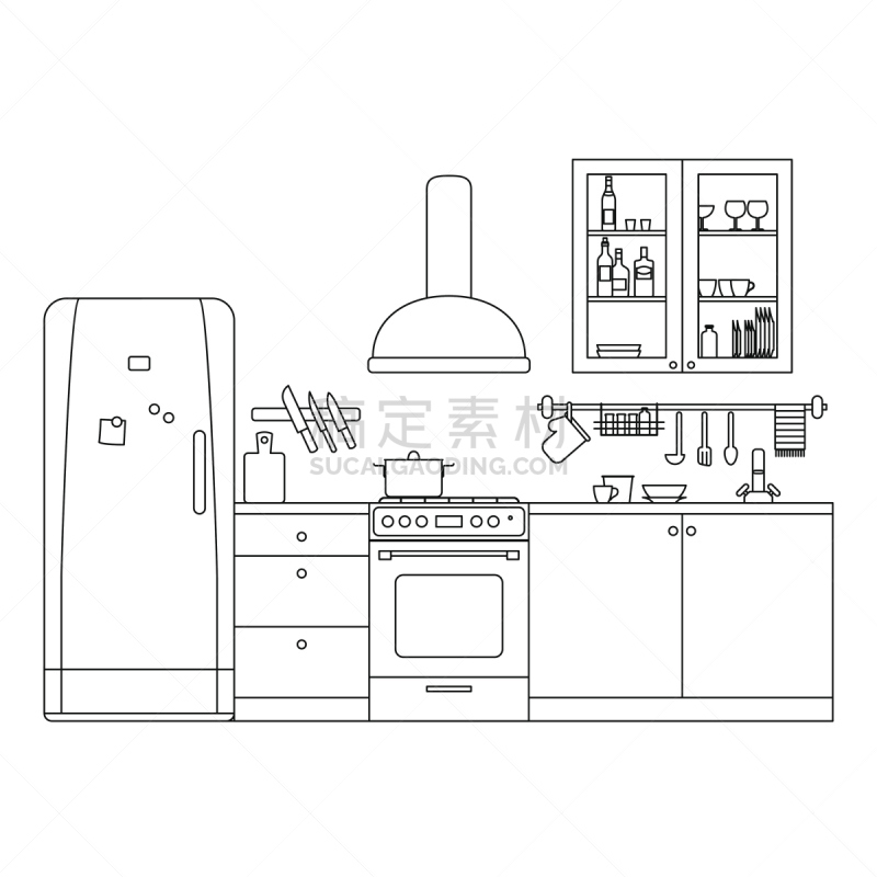 线条,室内,厨房,炊具,轮廓,冰箱,绘画插图,家庭生活,商店,计算机制图