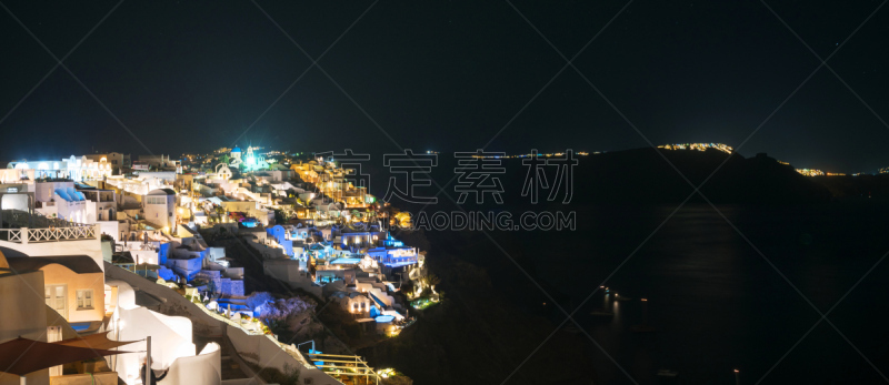 全景,圣托里尼岛,旅游目的地,水平画幅,夜晚,无人,欧伊雅,夏天,爱琴海,户外