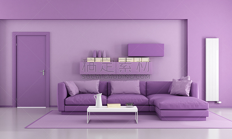 紫色,起居室,极简构图,水平画幅,无人,地毯,家具,现代,沙发,白色
