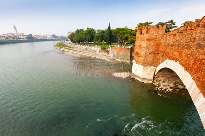 Verona, Italy,Adige River and medieval stone bridge Ponte Scaligero