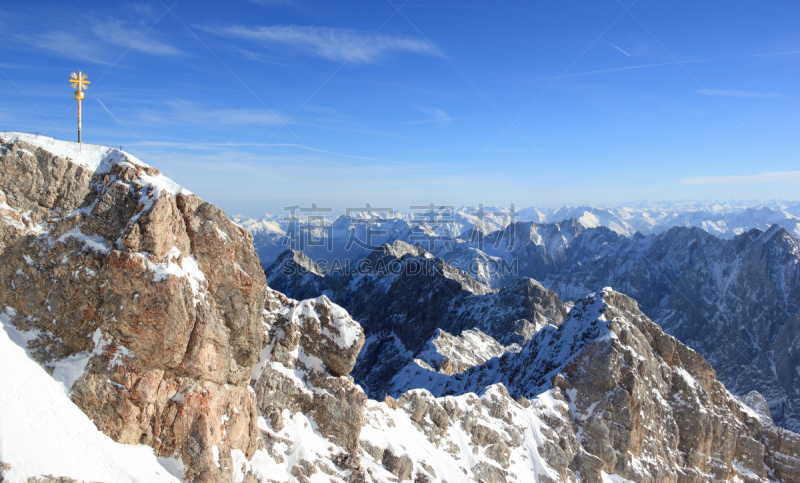 楚格峰,德国,在上面,水平画幅,雪,滑雪坡,加米施帕腾基兴,户外,巴伐利亚,攀登