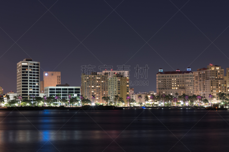 夜晚,西帕尔姆海滨,城市天际线,水,美国,水平画幅,地形,无人,黄昏,建筑外部