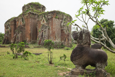 Vietnamese stone dog statue in Chien Dan, Champa ancient tower in Quang Nam, Vietnam