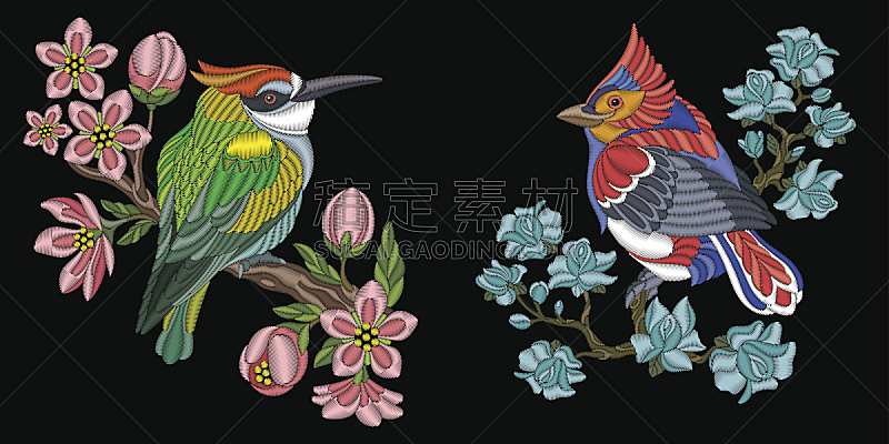 鸟类,式样,刺绣,热带鸟,美,水平画幅,纹理效果,纺织品,樱花,绘画插图
