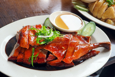 肉汁,盘子,烤鸭,白色,在上面,香草酱,上菜,黑色,份量,鸭子
