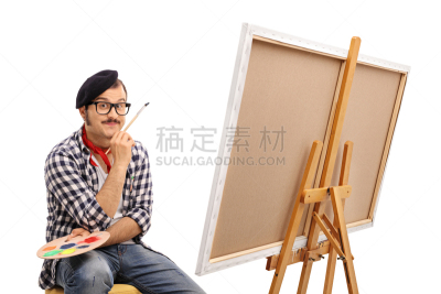 画布,注视镜头,几乎,鬓角,贝雷帽,艺术家,画架,古怪的,画笔