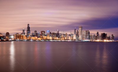 密歇根湖,芝加哥市,伊利诺斯州,天空,城市天际线,彩色图片,黎明,湖岸大道,水,水平画幅