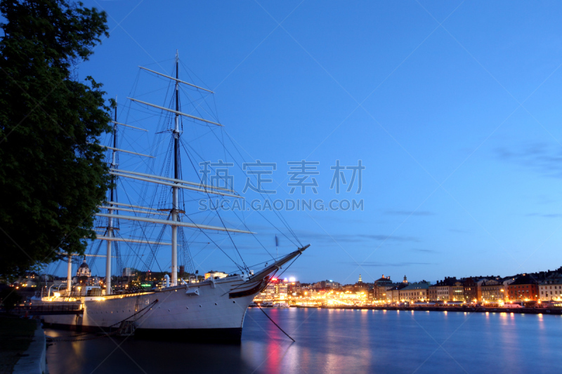 斯德哥尔摩,城市,查普曼海湾,斯德哥乐摩尔岛,水平画幅,19世纪风格,夜晚,无人,海港,静止的