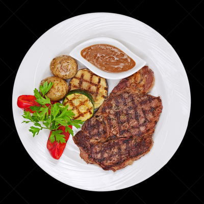 格子烤肉,蔬菜,牛排,黑色背景,精制土豆,嫩里脊排,无人,膳食,特写,西红柿