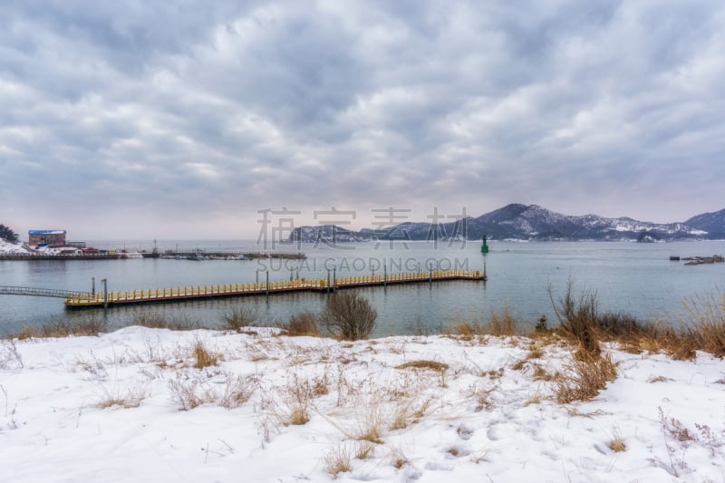 冬天,岛,商用码头,群山市,深雪,码头,美,水平画幅,雪,海港