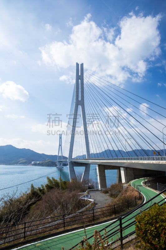 日本,濑户内海,桥,垂直画幅,天空,无人,蓝色,诺曼底大桥,斜拉桥,自行车